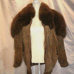 Suede  fringe leather jacket with fur trim